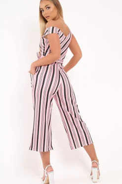 Rebellious Fashion Pink Stripe Bardot Culotte Jumpsuit - Annarae