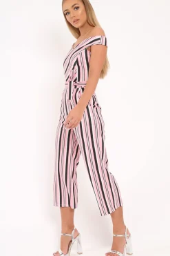 Rebellious Fashion Pink Stripe Bardot Culotte Jumpsuit - Annarae