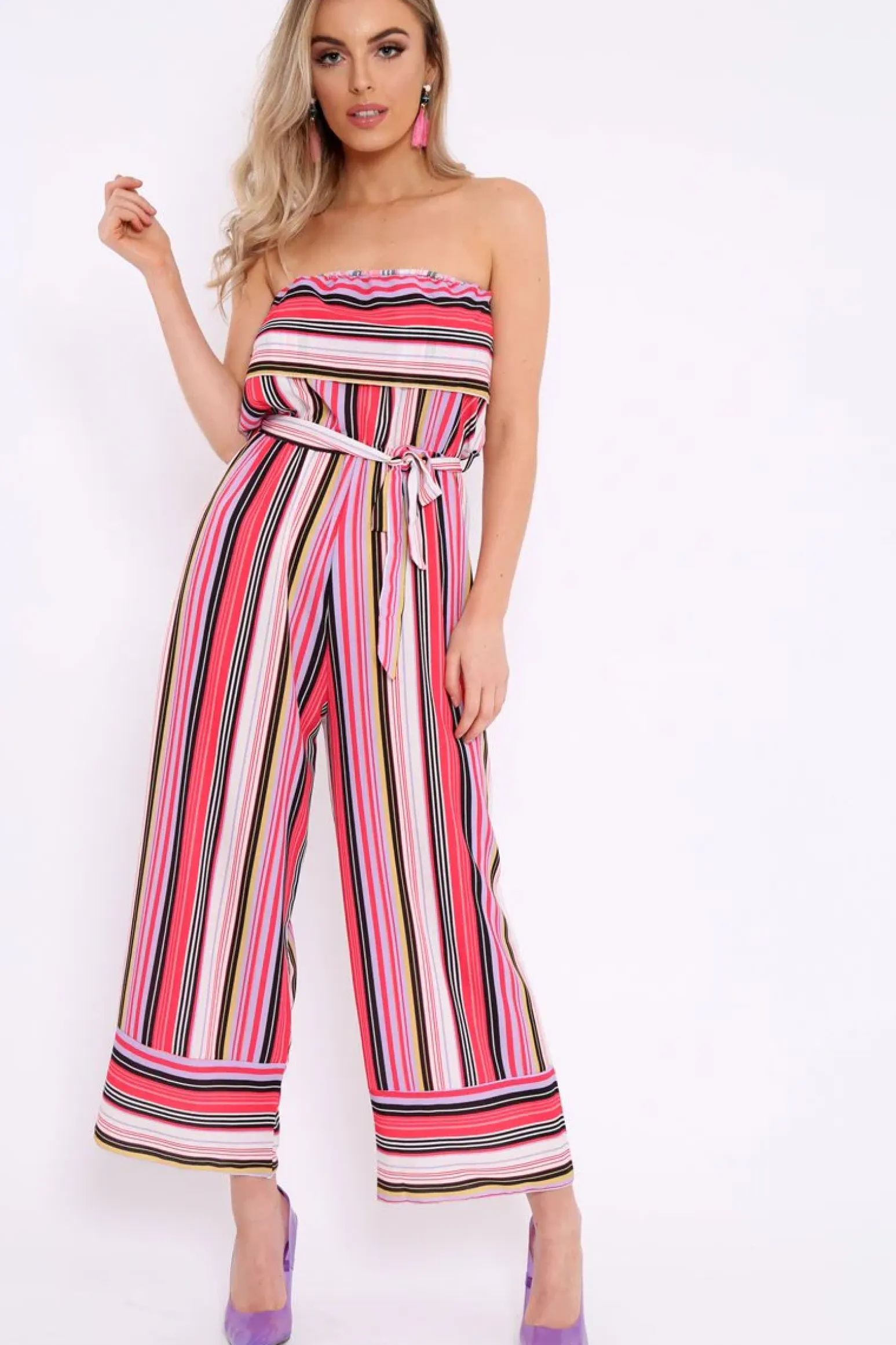 Rebellious Fashion Pink Stripe Bardot Stripe Ruffle Jumpsuit - Kashia