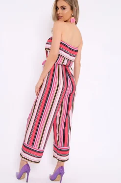 Rebellious Fashion Pink Stripe Bardot Stripe Ruffle Jumpsuit - Kashia