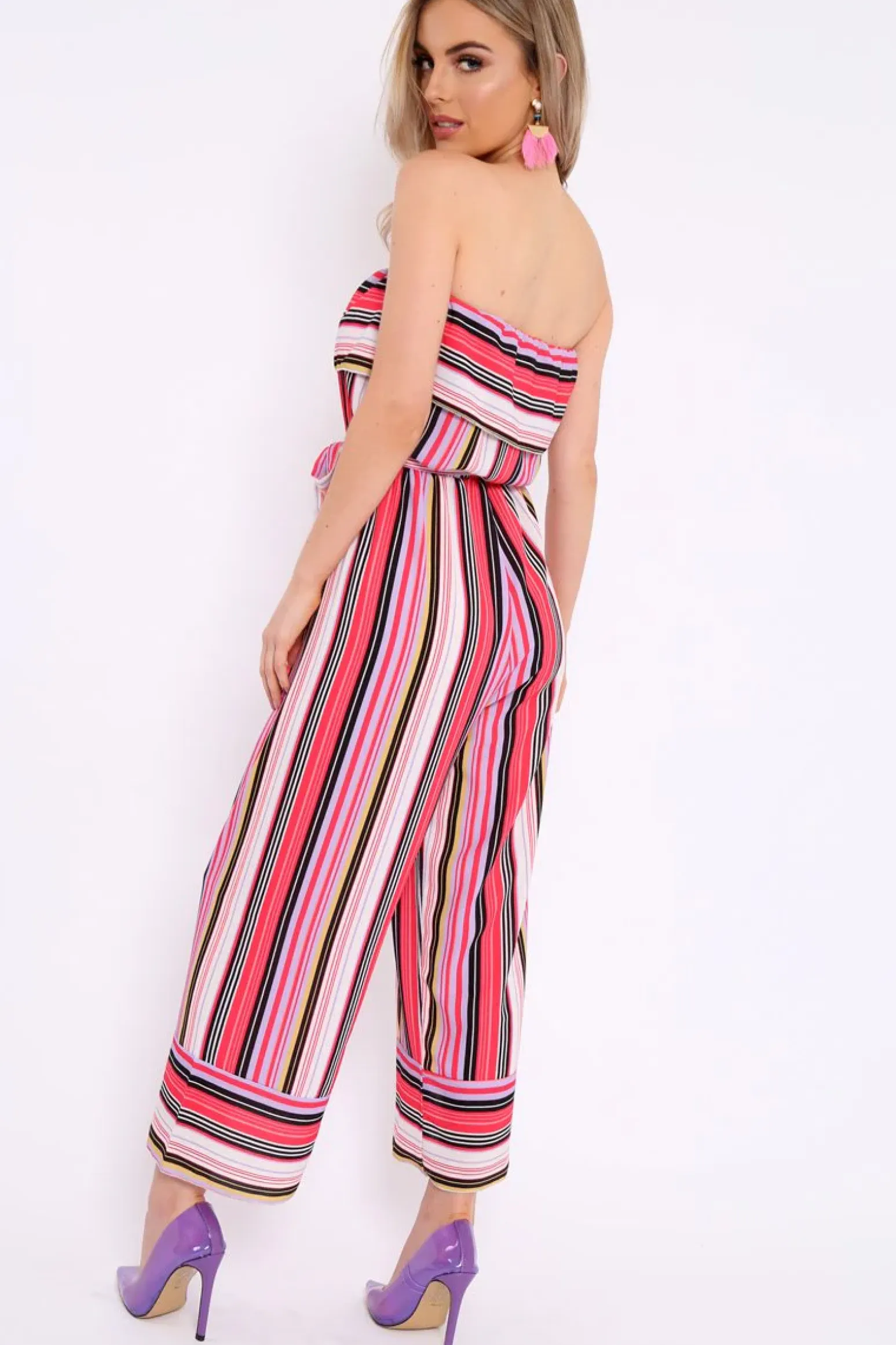 Rebellious Fashion Pink Stripe Bardot Stripe Ruffle Jumpsuit - Kashia