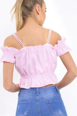Rebellious Fashion Pink Stripe Cold Shoulder Frill Crop Top - Nieve