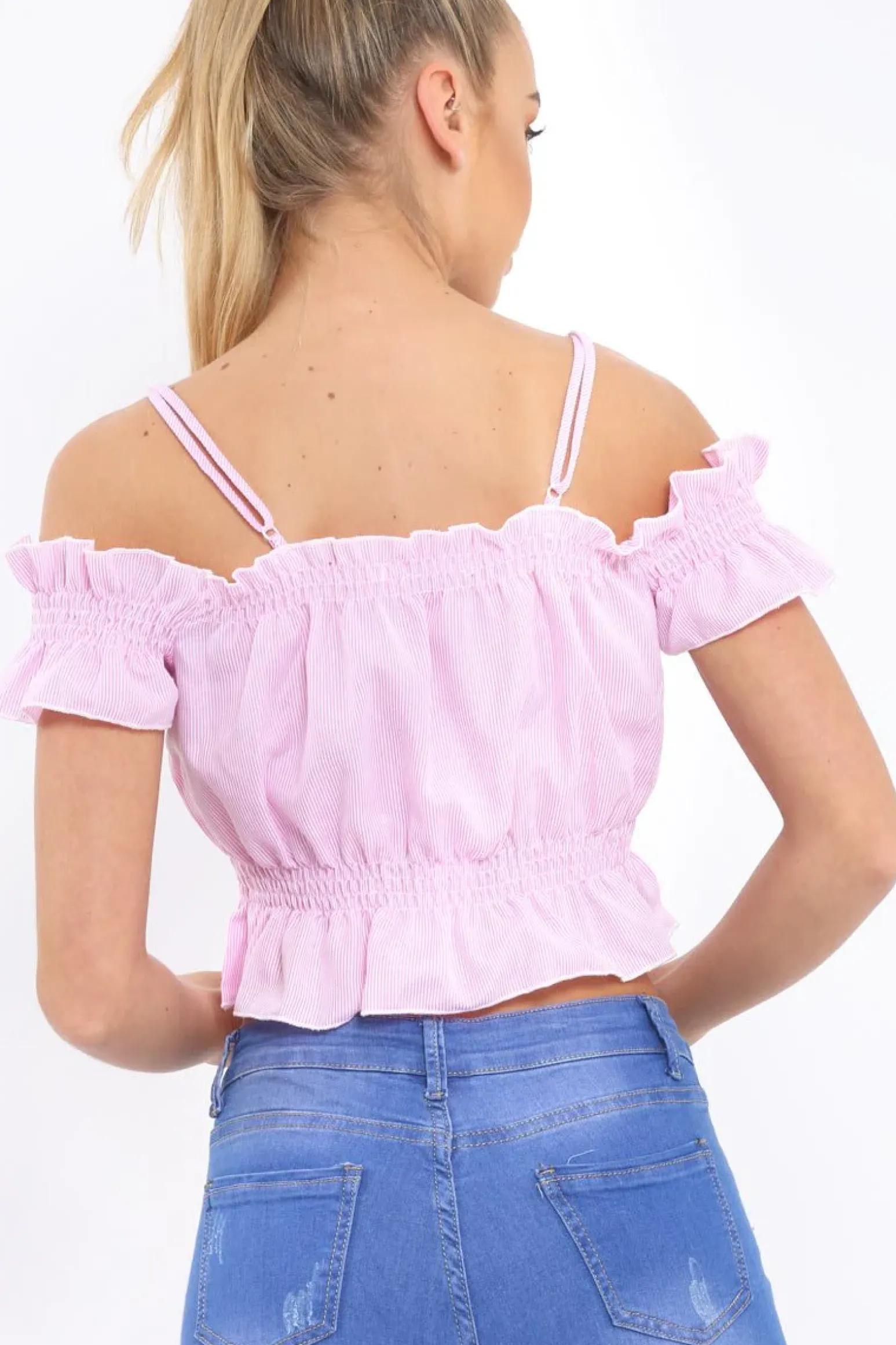 Rebellious Fashion Pink Stripe Cold Shoulder Frill Crop Top - Nieve