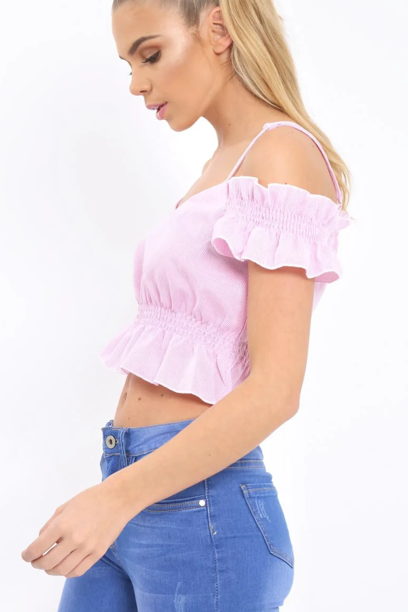 Rebellious Fashion Pink Stripe Cold Shoulder Frill Crop Top - Nieve
