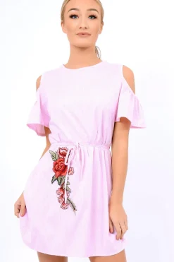 Rebellious Fashion Pink Striped Cold Shoulder Embroidered Shirt Dress - Isadora