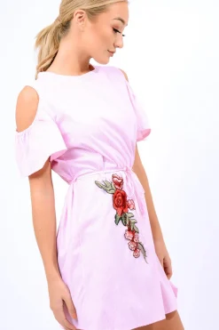 Rebellious Fashion Pink Striped Cold Shoulder Embroidered Shirt Dress - Isadora