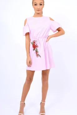Rebellious Fashion Pink Striped Cold Shoulder Embroidered Shirt Dress - Isadora