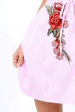 Rebellious Fashion Pink Striped Cold Shoulder Embroidered Shirt Dress - Isadora