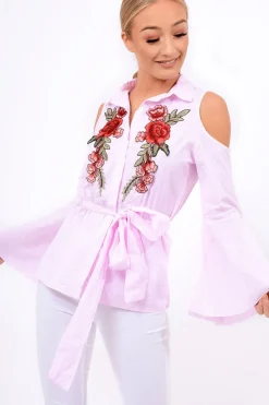 Rebellious Fashion Pink Striped Cold Shoulder Tie Shirt - Aniyah