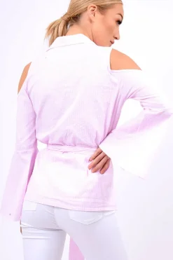 Rebellious Fashion Pink Striped Cold Shoulder Tie Shirt - Aniyah