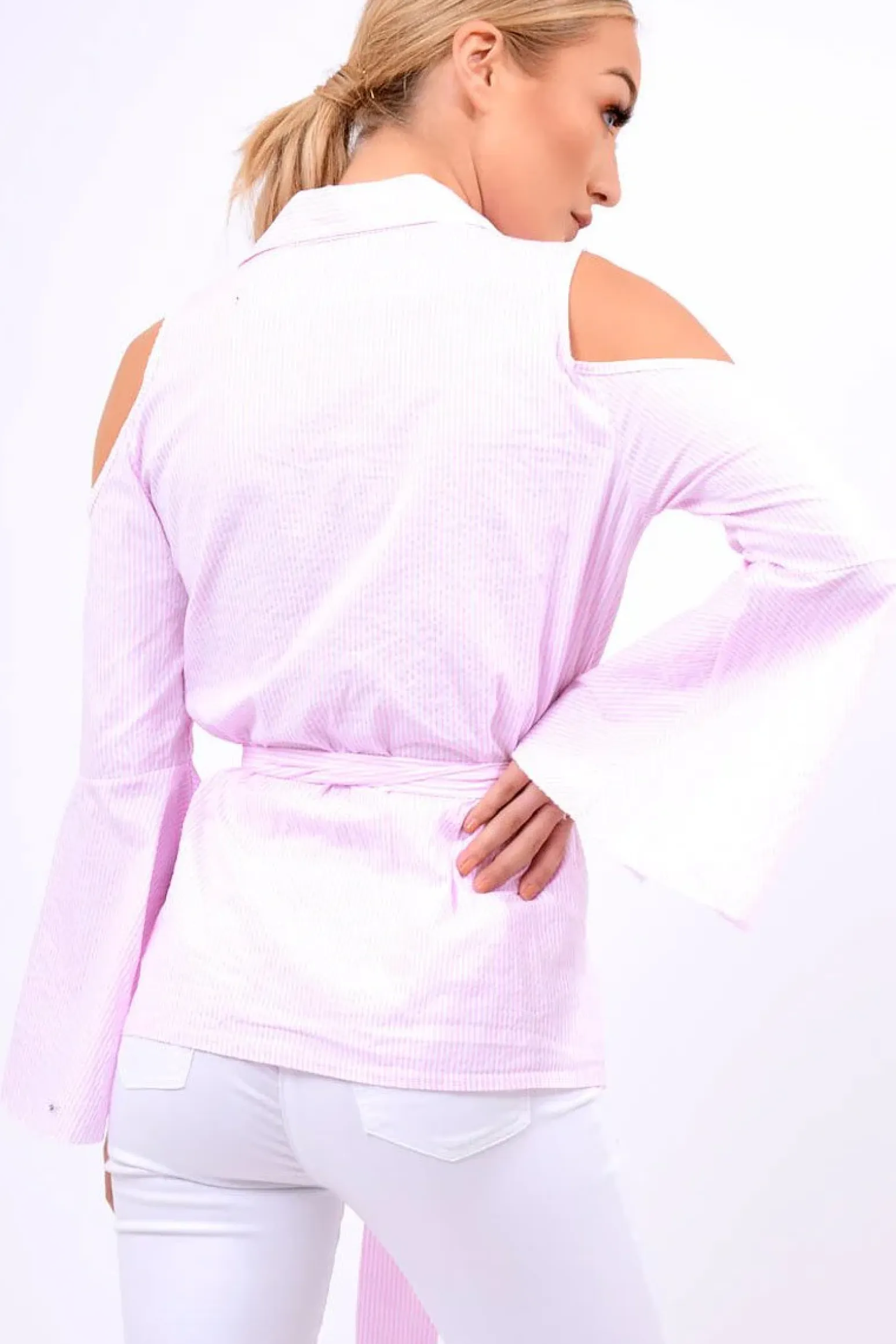 Rebellious Fashion Pink Striped Cold Shoulder Tie Shirt - Aniyah