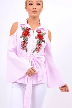 Rebellious Fashion Pink Striped Cold Shoulder Tie Shirt - Aniyah