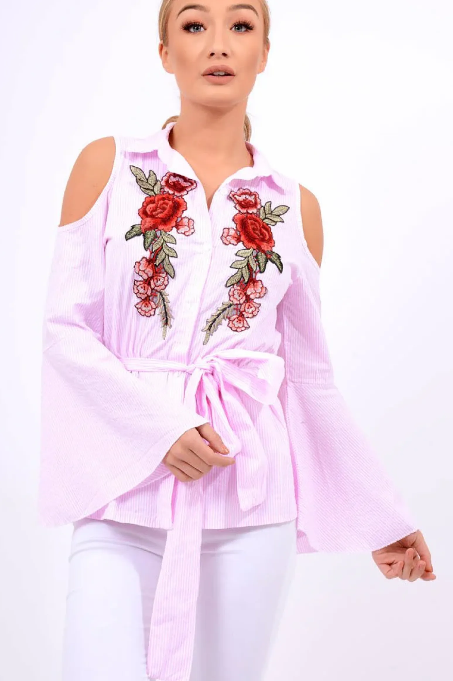 Rebellious Fashion Pink Striped Cold Shoulder Tie Shirt - Aniyah