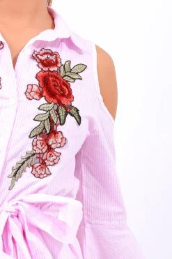 Rebellious Fashion Pink Striped Cold Shoulder Tie Shirt - Aniyah