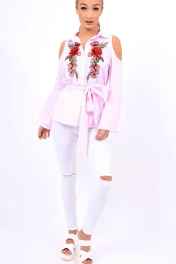 Rebellious Fashion Pink Striped Cold Shoulder Tie Shirt - Aniyah