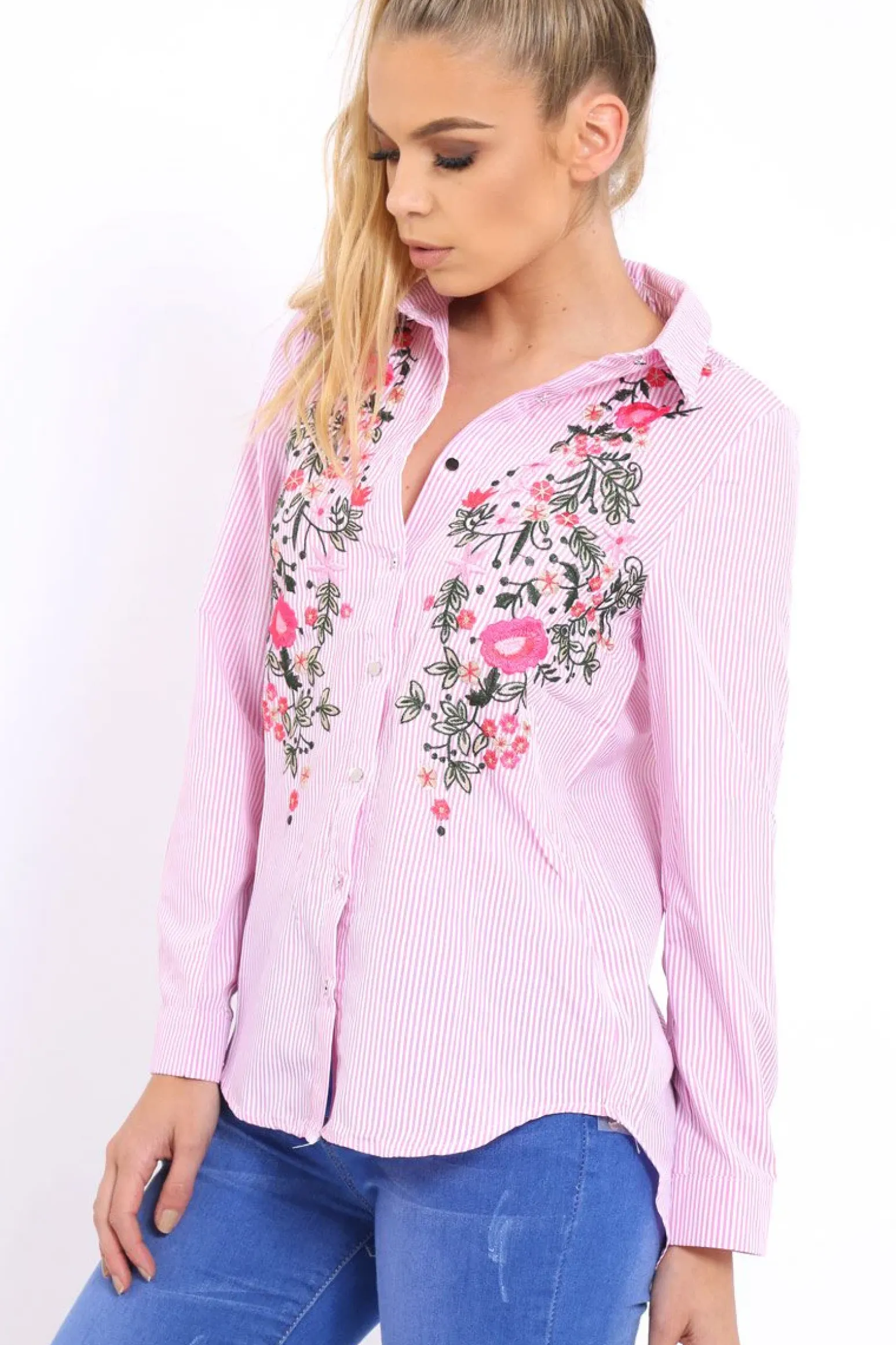 Rebellious Fashion Pink Striped Floral Embroidered Shirt - Gianna