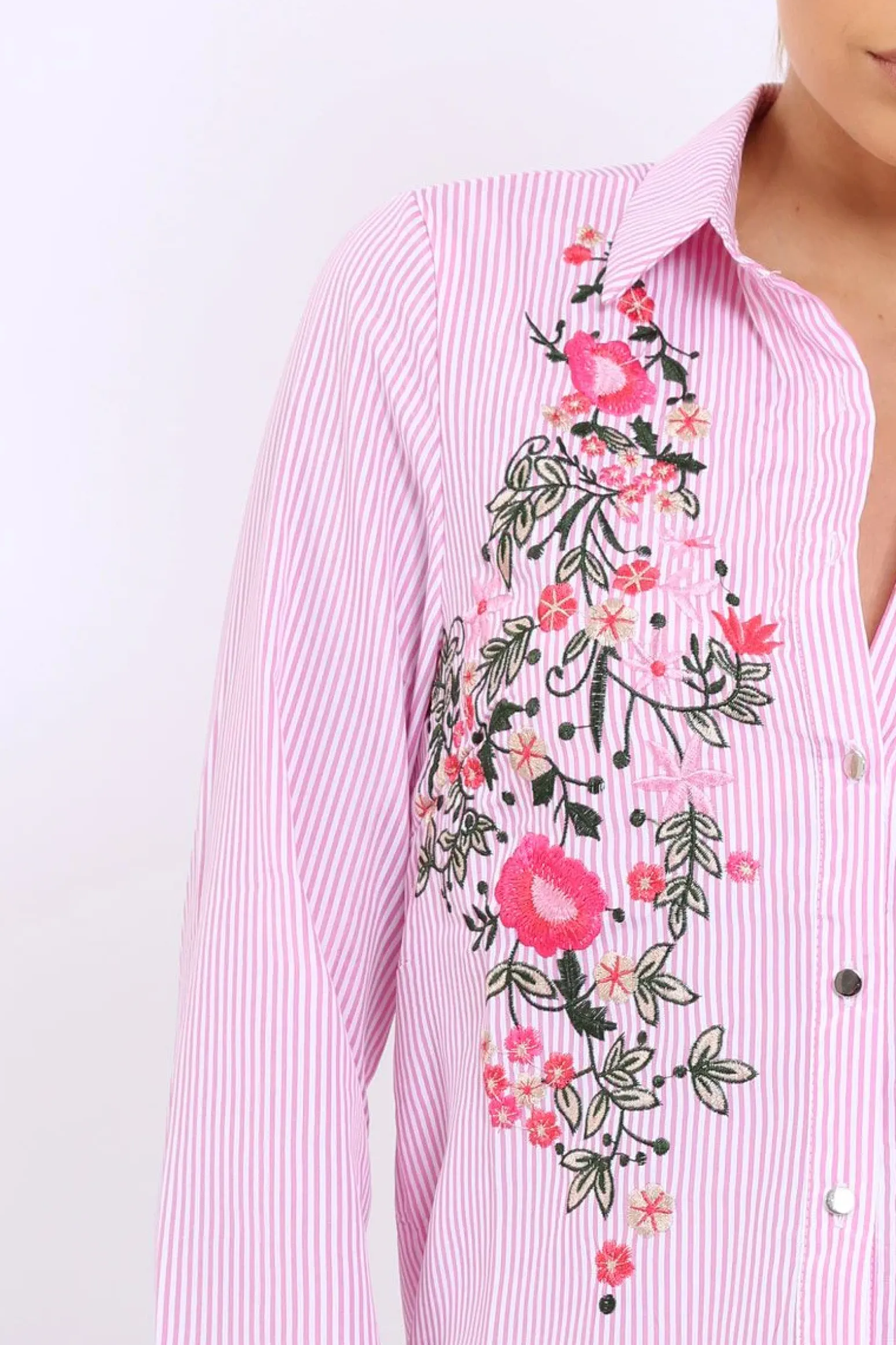 Rebellious Fashion Pink Striped Floral Embroidered Shirt - Gianna