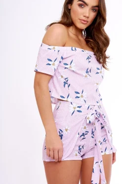 Rebellious Fashion Pink Striped Floral Two Piece Crop Top & Shorts Co-ord Set - Katrin