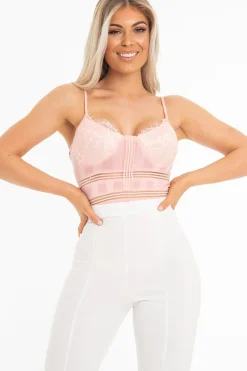 Rebellious Fashion Pink Striped Lace Detail Cupped Bodysuit - Mollie