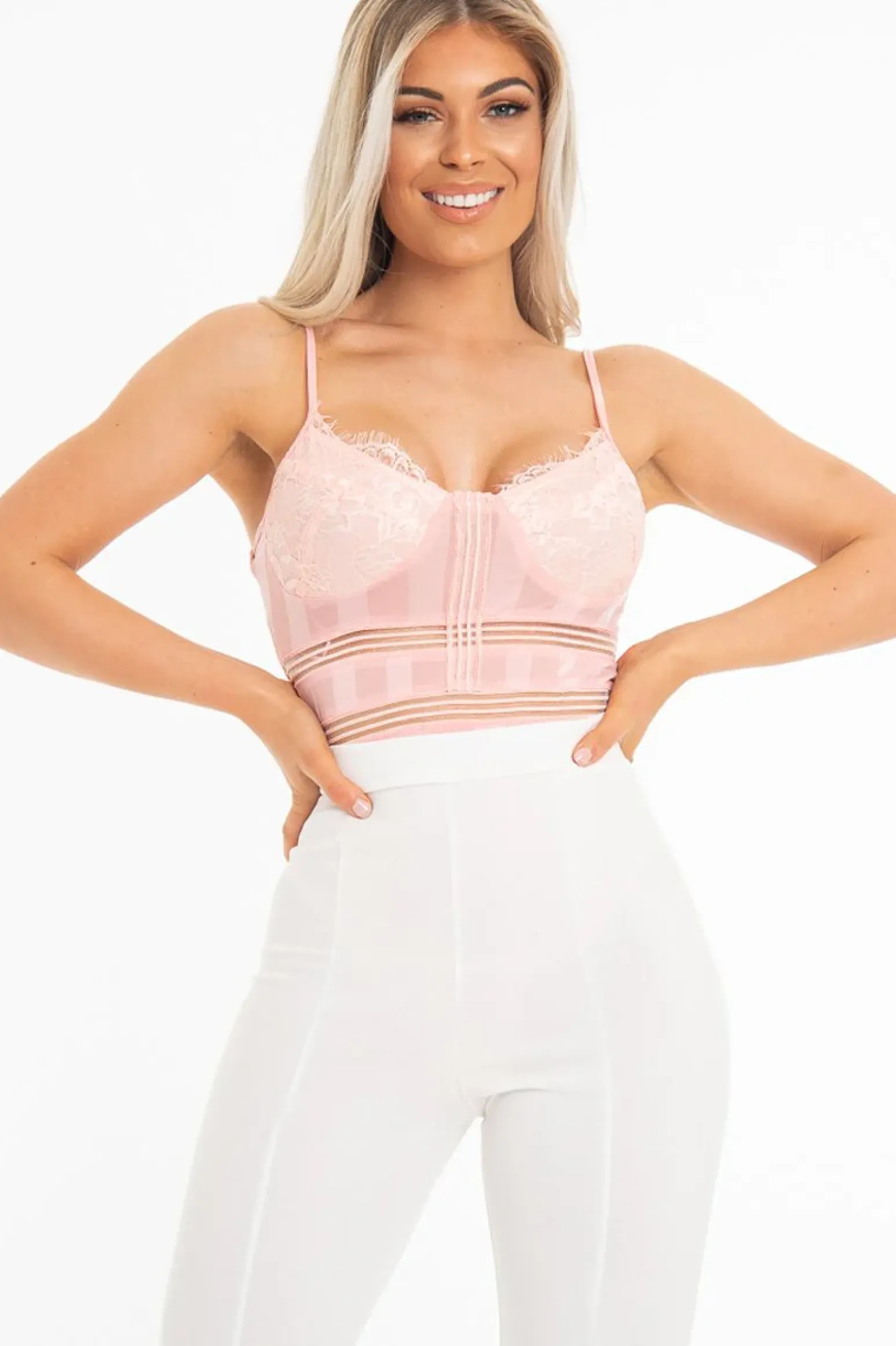 Rebellious Fashion Pink Striped Lace Detail Cupped Bodysuit - Mollie