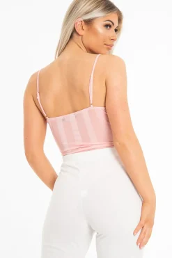 Rebellious Fashion Pink Striped Lace Detail Cupped Bodysuit - Mollie