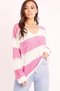 Rebellious Fashion Pink Striped Metallic Thread Knit Jumper - Aarolyn
