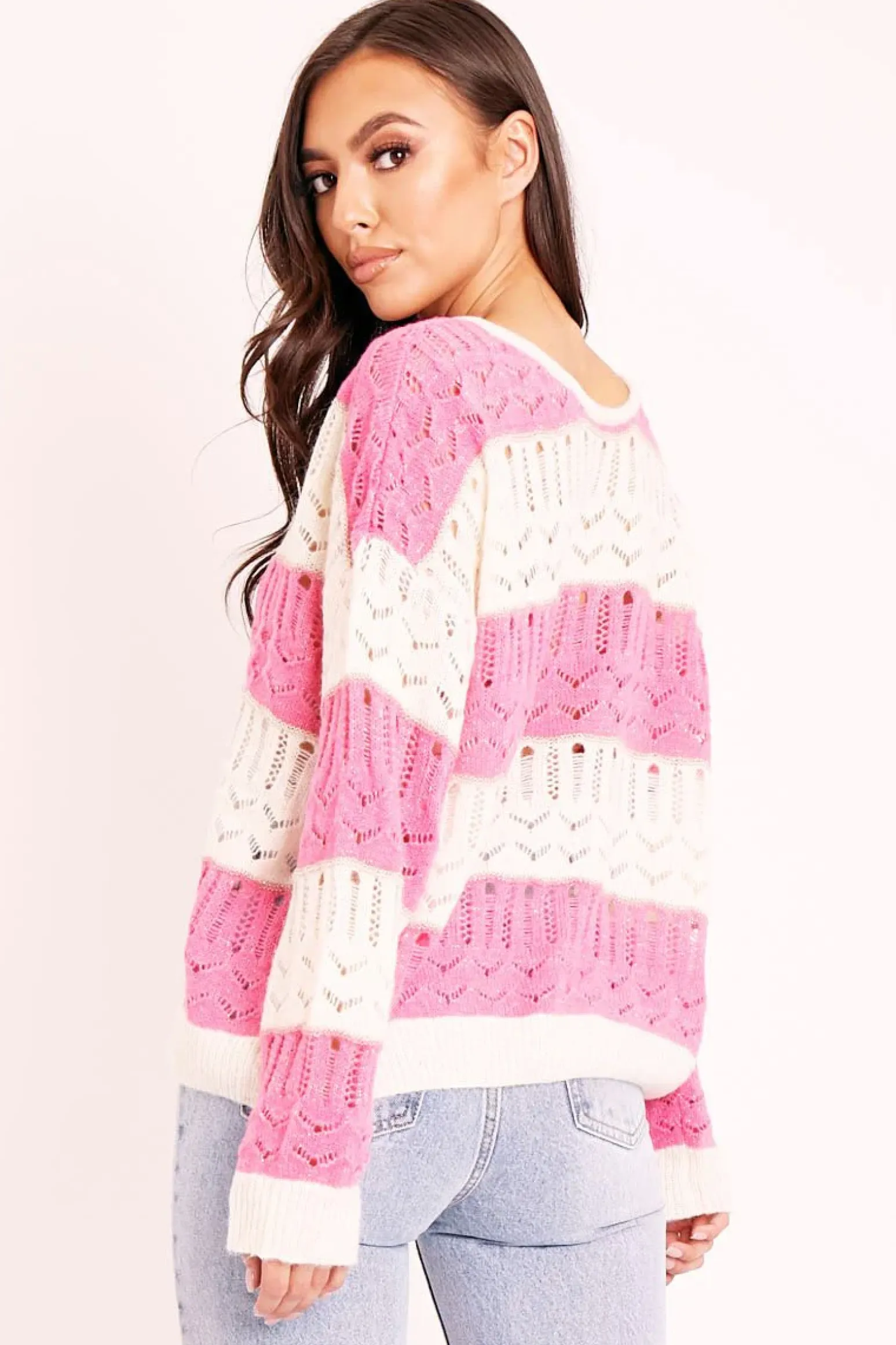 Rebellious Fashion Pink Striped Metallic Thread Knit Jumper - Aarolyn