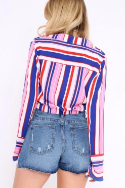 Rebellious Fashion Pink Striped Plunge Twist Front Crop Top - Gracelee