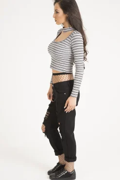 Rebellious Fashion Pink Striped Ribbed Choker Cut Out Crop Top - Mina
