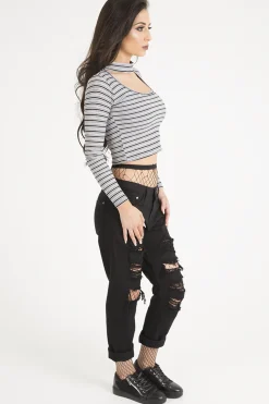 Rebellious Fashion Pink Striped Ribbed Choker Cut Out Crop Top - Mina