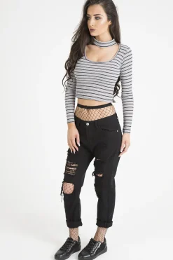Rebellious Fashion Pink Striped Ribbed Choker Cut Out Crop Top - Mina