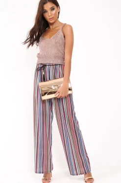 Rebellious Fashion Pink Stripe Wide Leg Beaded Tie Trousers - Haylie