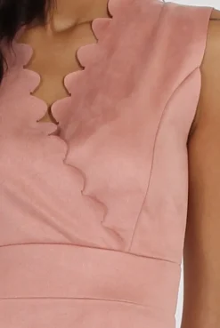 Rebellious Fashion Pink Suede Scallop Hem Midi Dress - Melina