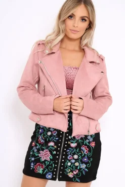 Rebellious Fashion Pink Suedette Biker Jacket - Rachel