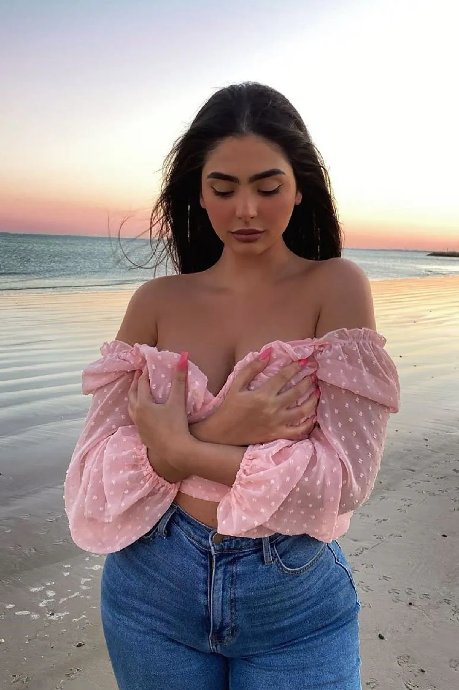 Rebellious Fashion Pink Swiss Dot Frill Trim Crop Top - Mena