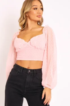 Rebellious Fashion Pink Swiss Dot Frill Trim Crop Top - Mena