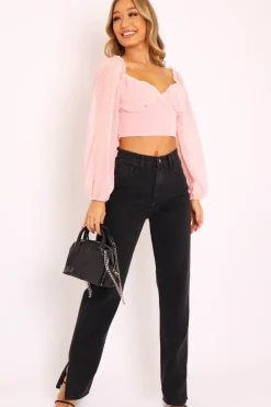 Rebellious Fashion Pink Swiss Dot Frill Trim Crop Top - Mena