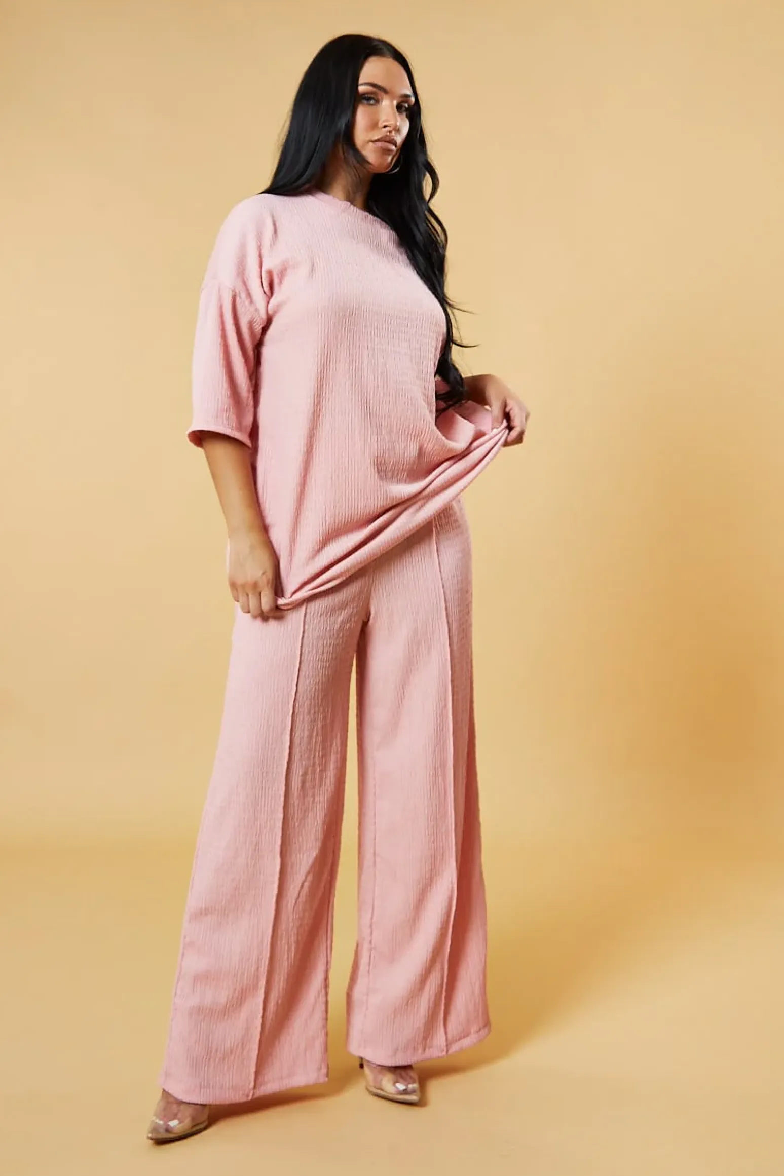 Rebellious Fashion Pink Textured Knit Trousers & Oversized Top Co-ord Set - Cecelia