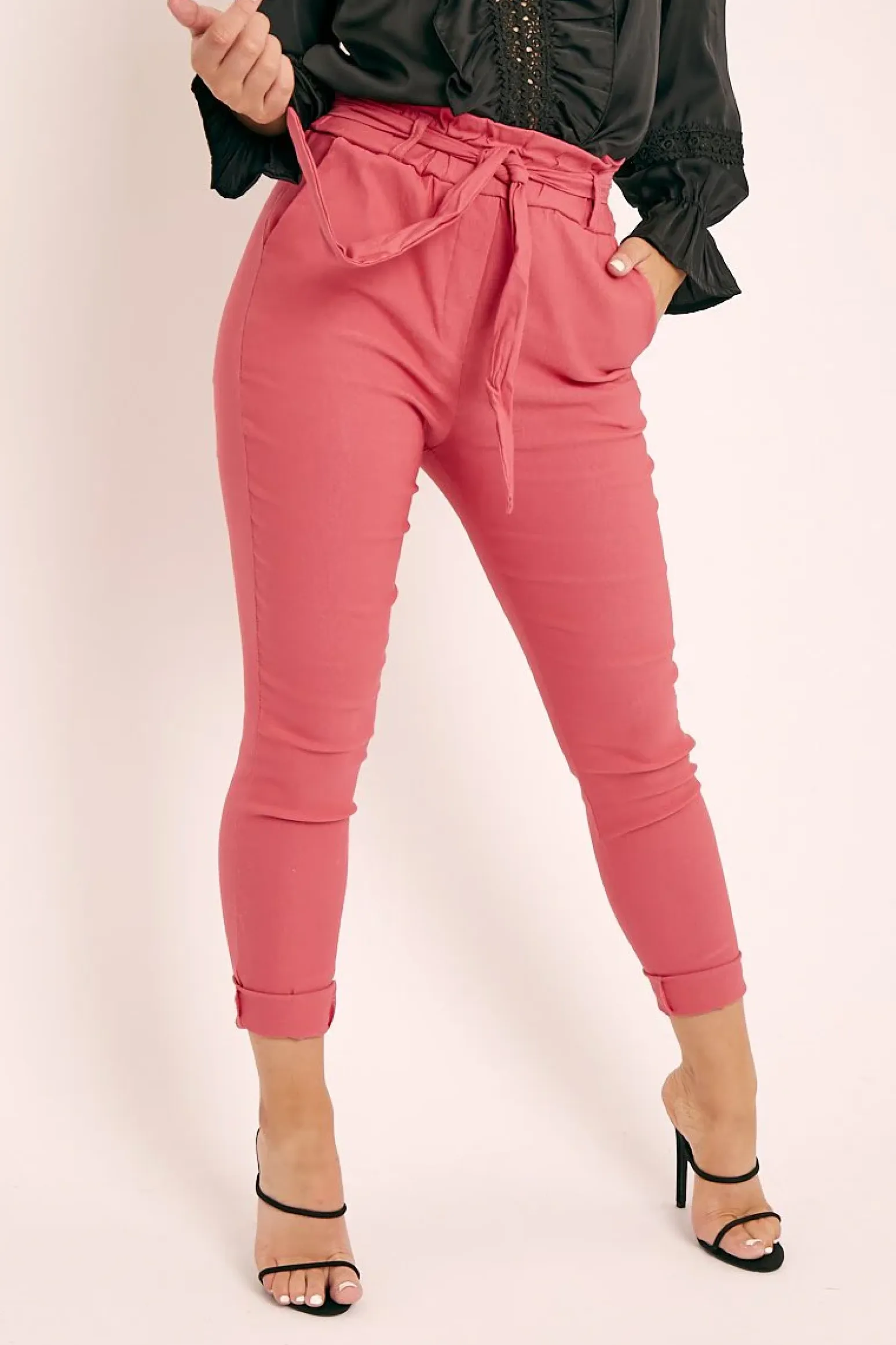 Rebellious Fashion Pink Tie Belt Paperbag Waist Trousers - Jaylea