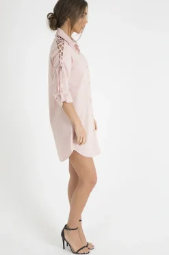Rebellious Fashion Pink Tied Shoulder Oversized Shirt Dress - Helen