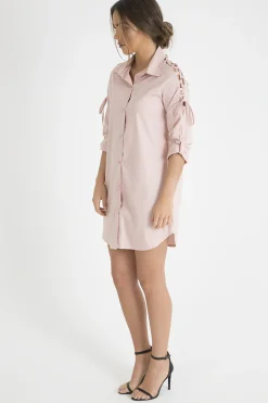 Rebellious Fashion Pink Tied Shoulder Oversized Shirt Dress - Helen