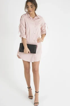 Rebellious Fashion Pink Tied Shoulder Oversized Shirt Dress - Helen
