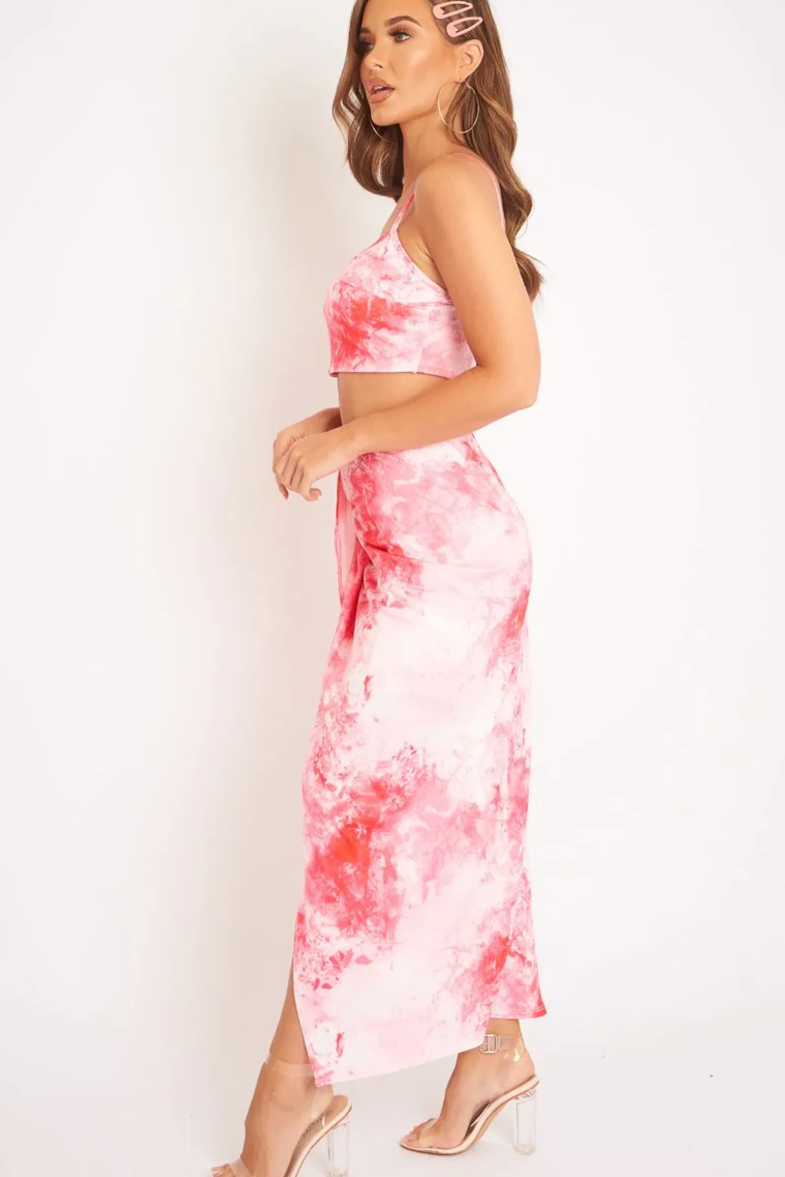 Rebellious Fashion Pink Tie Dye Midi Skirt and Crop Top Co-ord - Lisa