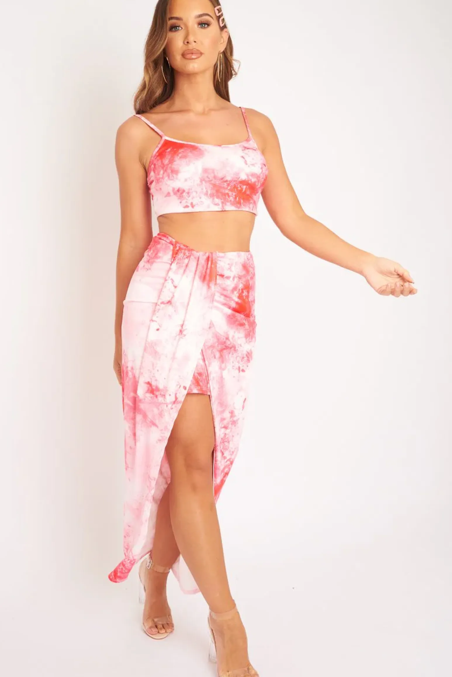 Rebellious Fashion Pink Tie Dye Midi Skirt and Crop Top Co-ord - Lisa