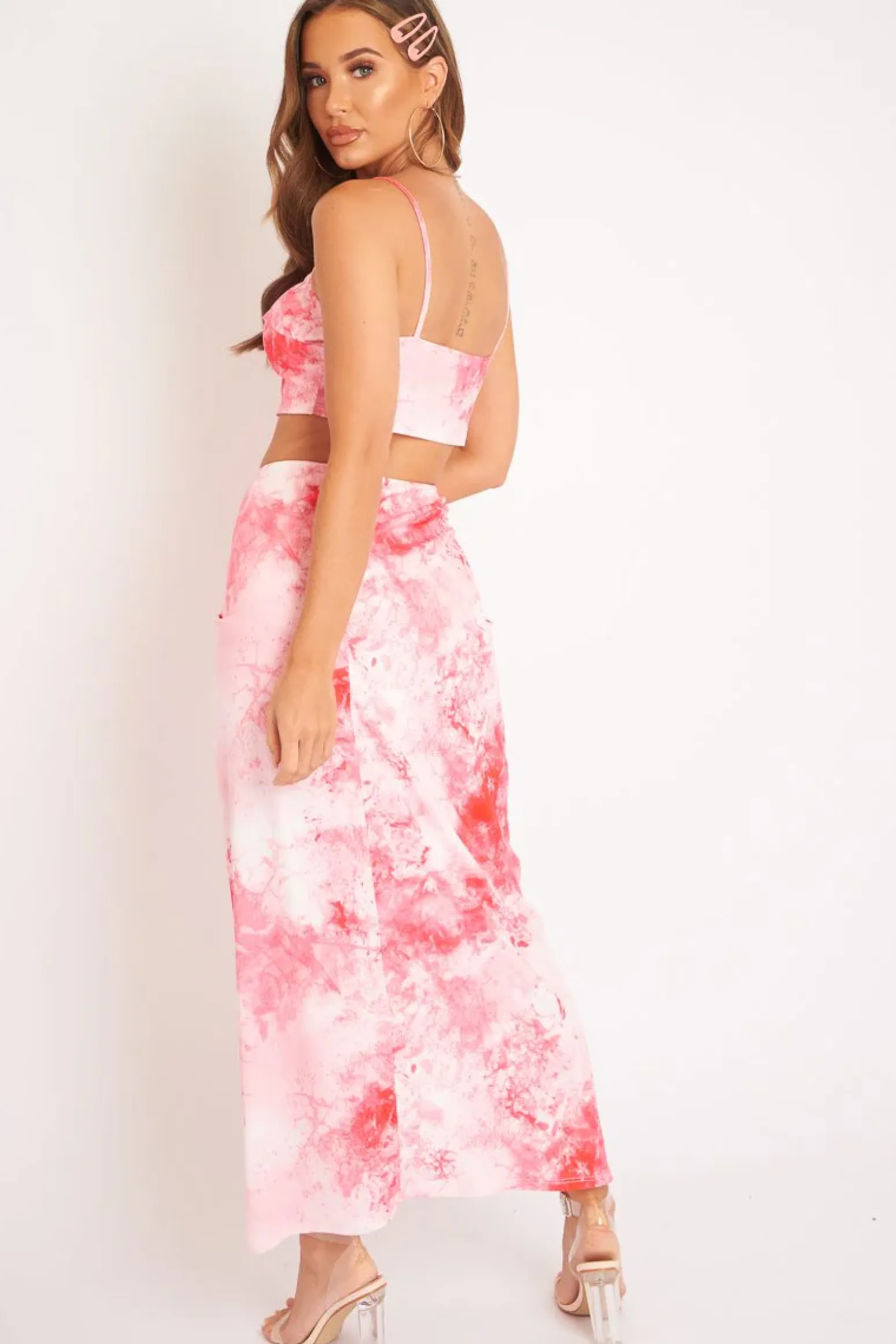 Rebellious Fashion Pink Tie Dye Midi Skirt and Crop Top Co-ord - Lisa