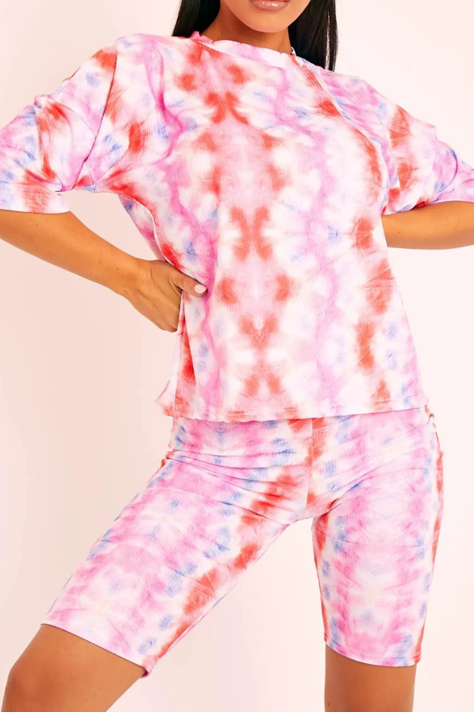 Rebellious Fashion Pink Tie Dye Ribbed Cycling Shorts Co-ord - Haizlee