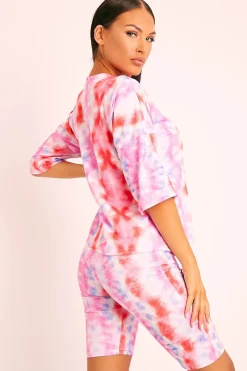 Rebellious Fashion Pink Tie Dye Ribbed Cycling Shorts Co-ord - Haizlee