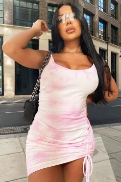 Rebellious Fashion Pink Tie Dye Ribbed Ruched Mini Dress - Morgen