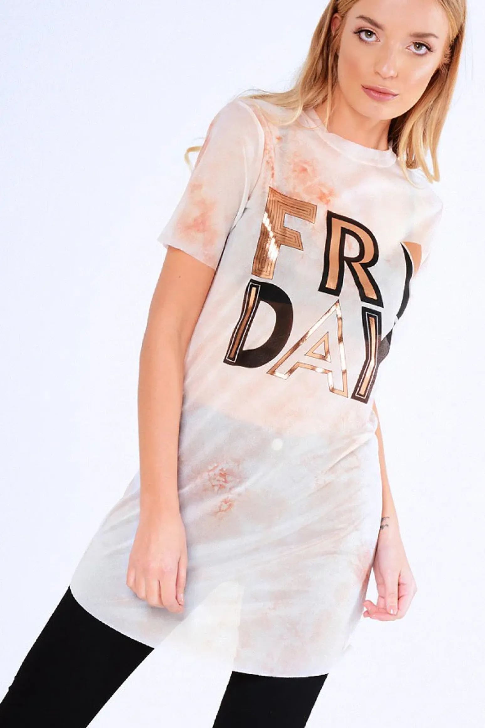 Rebellious Fashion Pink Tie Dye Sheer Mesh 'Friday' Slogan T-Shirt Dress - Flynn