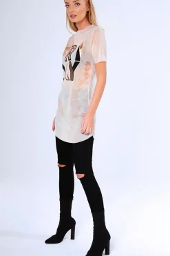 Rebellious Fashion Pink Tie Dye Sheer Mesh 'Friday' Slogan T-Shirt Dress - Flynn